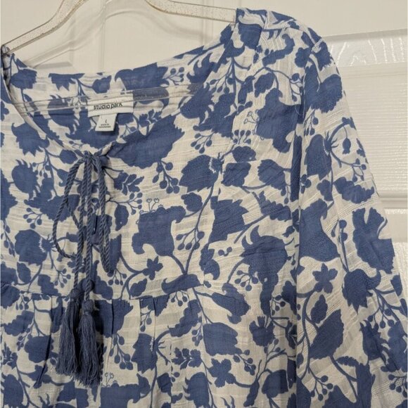 Studio Park x Amy Stran Floral Dress Womens Size Large White Blue Tassel Boho - Picture 3 of 10